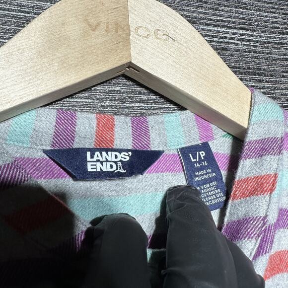 Lands' End Flannel Women's L (14-16) Gray Purple Striped Long Sleeve Button Oeko - Picture 2 of 15